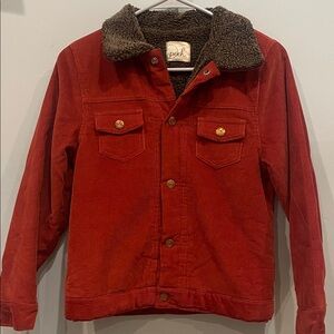 Peek Rust Corduroy Jacket with Brown Sherpa Collar and lining like new